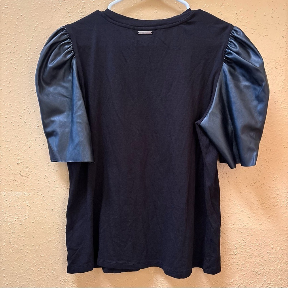Michael Kors Black Puff Sleeve Top Faux Leather Mixed Media XL - Picture 5 of 10